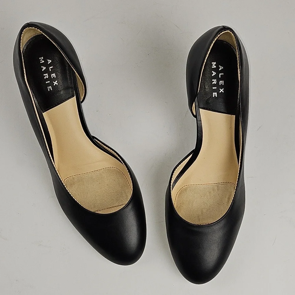 Alex Marie Laela Black Leather Round Toe Heel Cap D'Orsay Slip On Wedge Pump